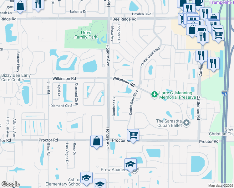 map of restaurants, bars, coffee shops, grocery stores, and more near 5426 Dominica Circle in Sarasota