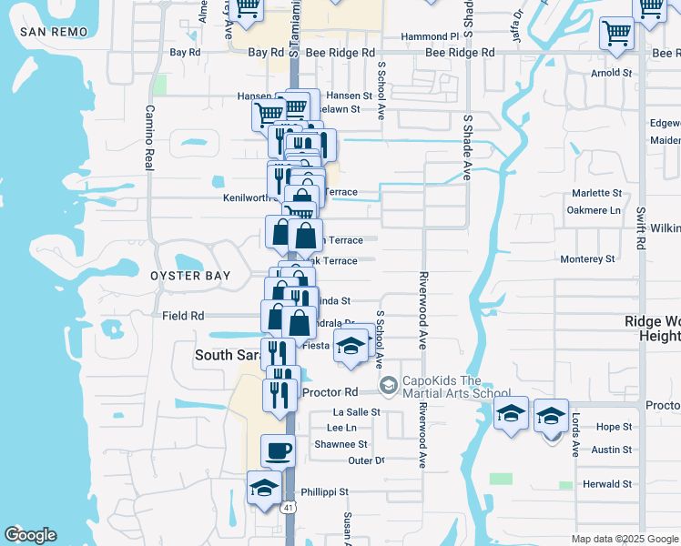 map of restaurants, bars, coffee shops, grocery stores, and more near 2107 Pine Terrace in Sarasota