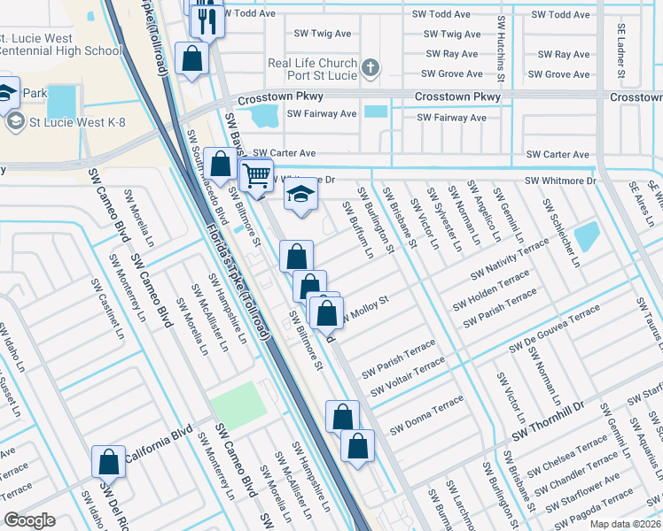 map of restaurants, bars, coffee shops, grocery stores, and more near 558 Southwest Hamburg Terrace in Port St. Lucie