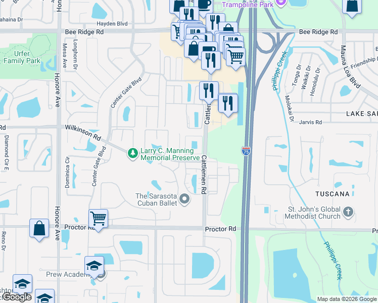 map of restaurants, bars, coffee shops, grocery stores, and more near 4355 Marcott Circle in Sarasota