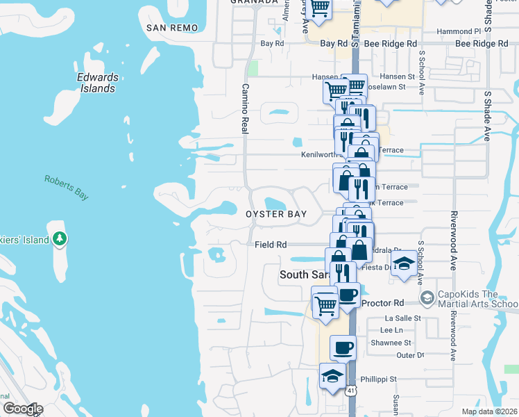 map of restaurants, bars, coffee shops, grocery stores, and more near 1521 South Lake Shore Drive in Sarasota