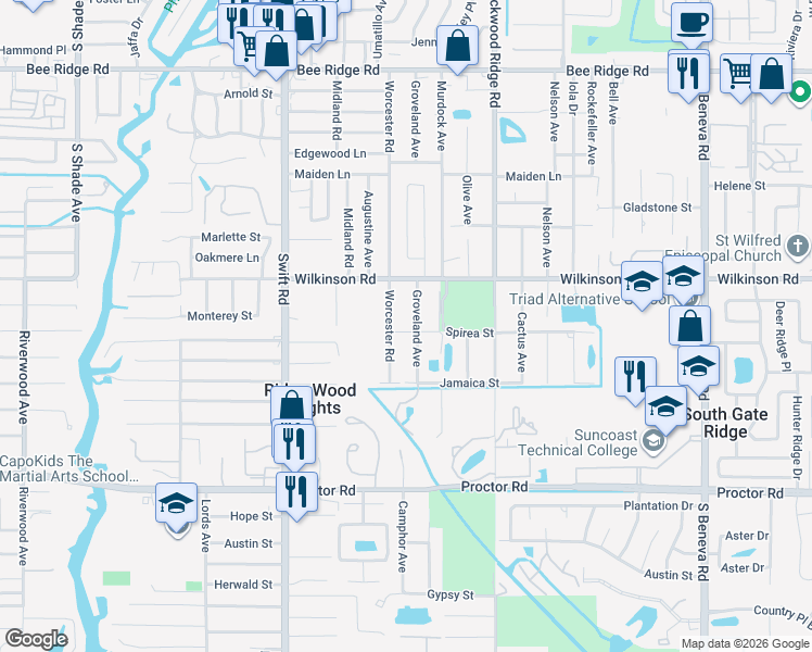 map of restaurants, bars, coffee shops, grocery stores, and more near 4511 Groveland Avenue in Sarasota