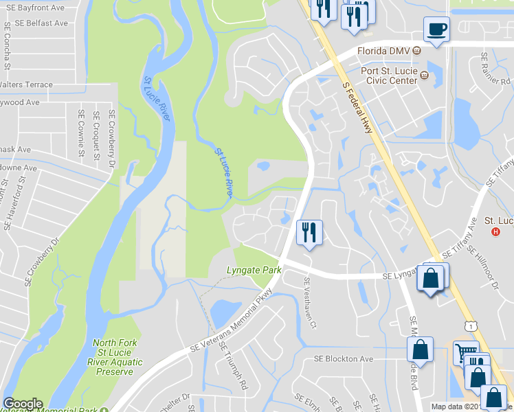 map of restaurants, bars, coffee shops, grocery stores, and more near 1644 Southeast Gainswood Court in Port Saint Lucie