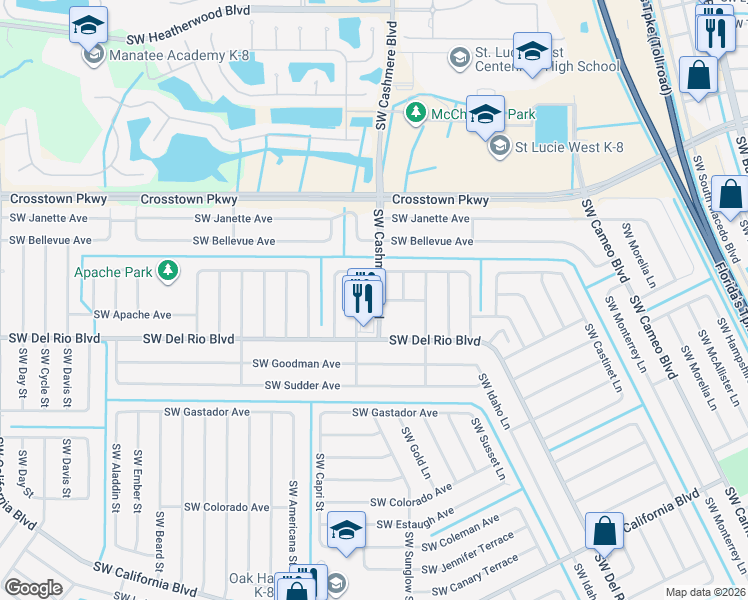 map of restaurants, bars, coffee shops, grocery stores, and more near 1758 Southwest Cashmere Boulevard in Port St. Lucie