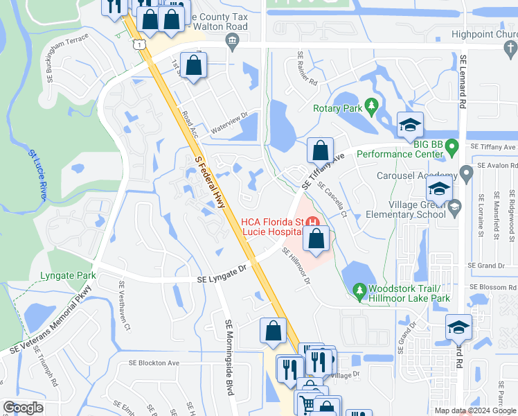 map of restaurants, bars, coffee shops, grocery stores, and more near 1544 Southeast Royal Green Circle in Port St. Lucie