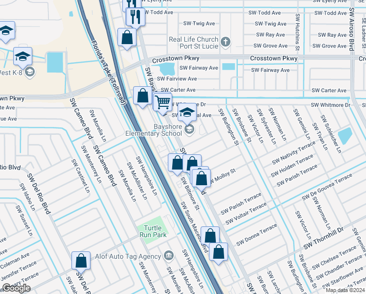map of restaurants, bars, coffee shops, grocery stores, and more near 599 Southwest Sea Holly Terrace in Port Saint Lucie