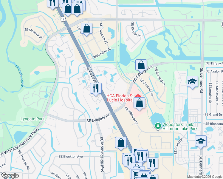 map of restaurants, bars, coffee shops, grocery stores, and more near 1544 Southeast Royal Green Circle in Port St. Lucie