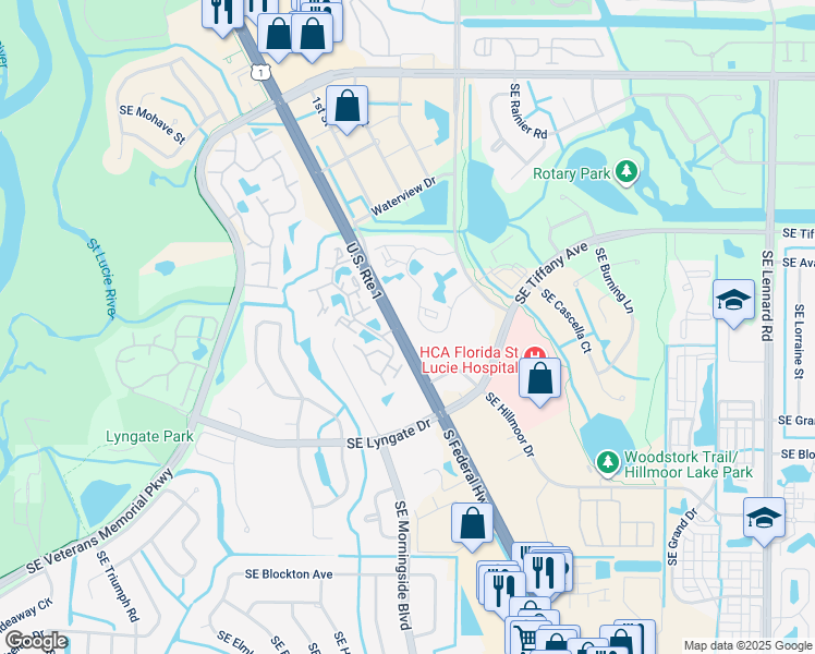 map of restaurants, bars, coffee shops, grocery stores, and more near 1566 Southeast Royal Green Circle in Port St. Lucie