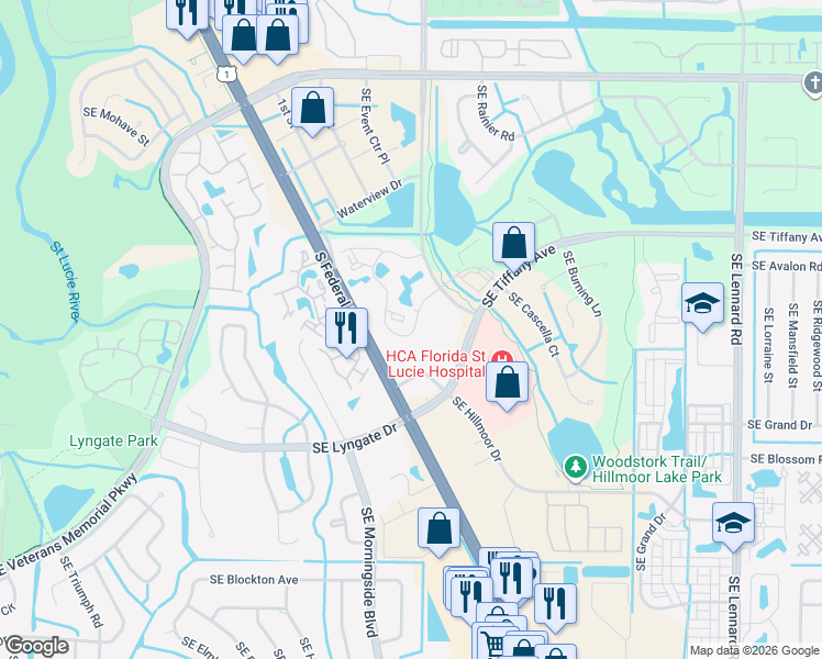 map of restaurants, bars, coffee shops, grocery stores, and more near 1544 Southeast Royal Green Circle in Port St. Lucie