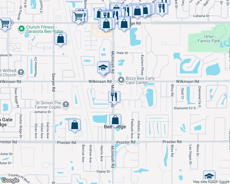 map of restaurants, bars, coffee shops, grocery stores, and more near 4419 Tippecanoe Trail in Sarasota