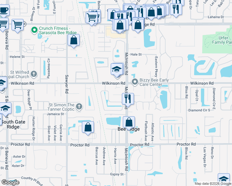 map of restaurants, bars, coffee shops, grocery stores, and more near 4316 Wilkinson Road in Sarasota