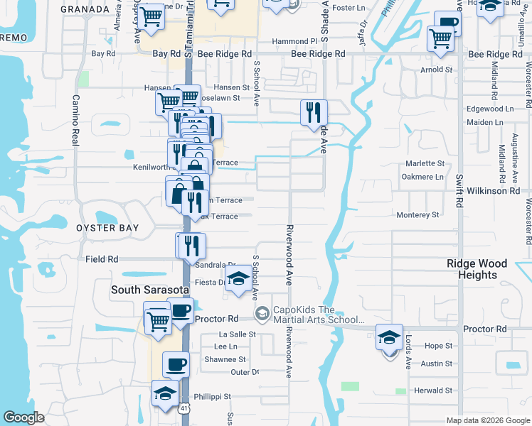 map of restaurants, bars, coffee shops, grocery stores, and more near 2241 Oak Terrace in Sarasota