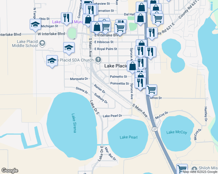 map of restaurants, bars, coffee shops, grocery stores, and more near 629 South Main Avenue in Lake Placid