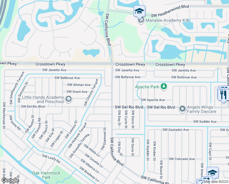 map of restaurants, bars, coffee shops, grocery stores, and more near 1829 Southwest California Boulevard in Port St. Lucie