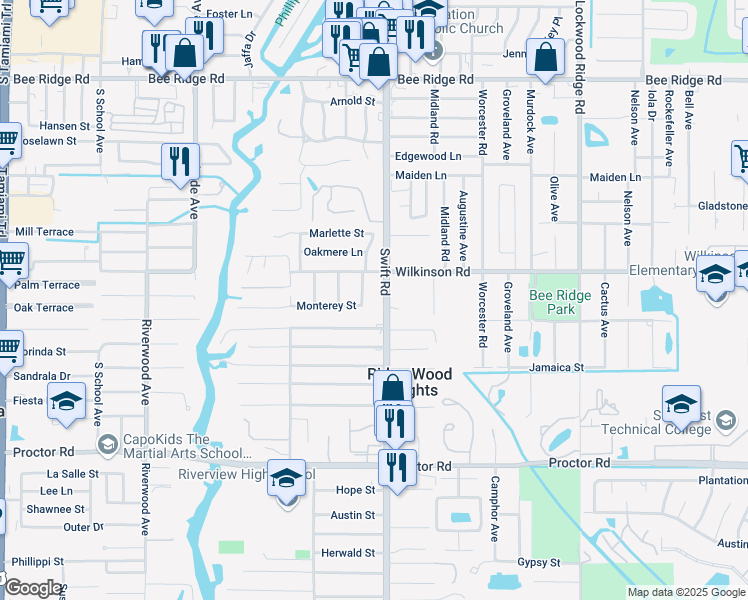 map of restaurants, bars, coffee shops, grocery stores, and more near 4444 Swift Road in Sarasota