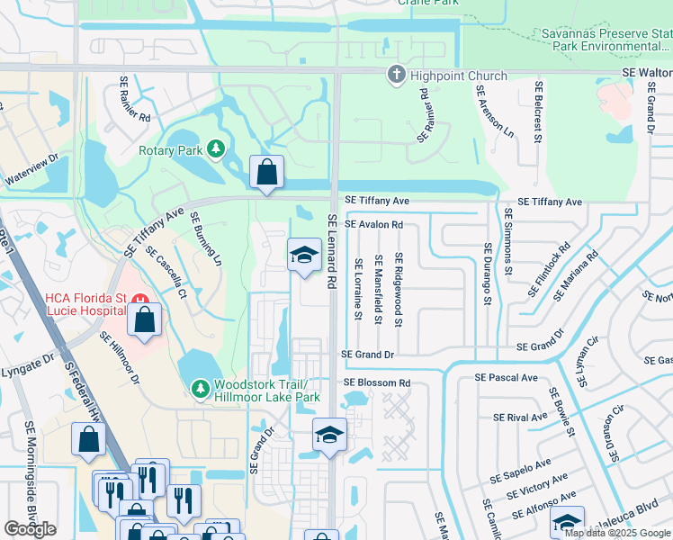 map of restaurants, bars, coffee shops, grocery stores, and more near 1647 Southeast Lennard Road in Port St. Lucie