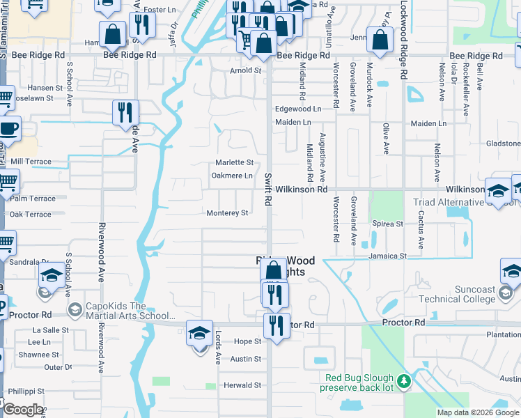 map of restaurants, bars, coffee shops, grocery stores, and more near 4444 Swift Road in Sarasota