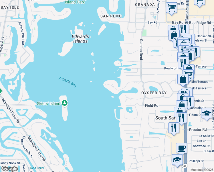 map of restaurants, bars, coffee shops, grocery stores, and more near 1125 North Lake Shore Drive in Sarasota