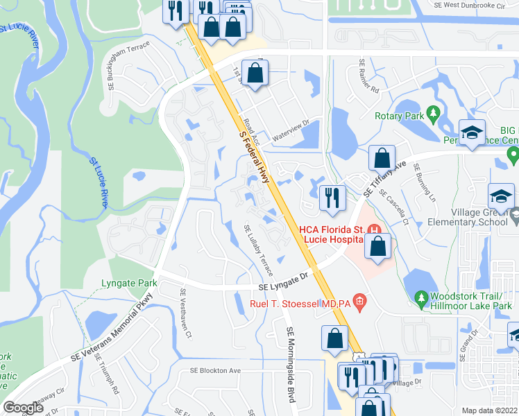 map of restaurants, bars, coffee shops, grocery stores, and more near 1627 Southeast Green Acres Circle in Port St. Lucie