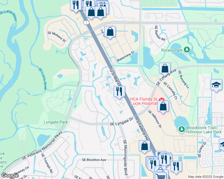 map of restaurants, bars, coffee shops, grocery stores, and more near 1627 Southeast Green Acres Circle in Port St. Lucie