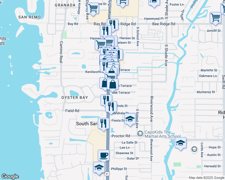 map of restaurants, bars, coffee shops, grocery stores, and more near 2016 Palm Terrace in Sarasota