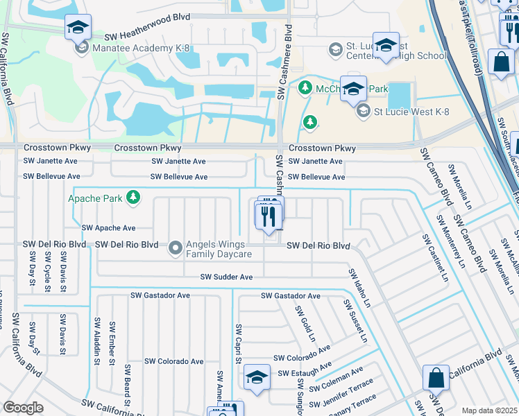 map of restaurants, bars, coffee shops, grocery stores, and more near 1199 Southwest Glade Street in Port St. Lucie
