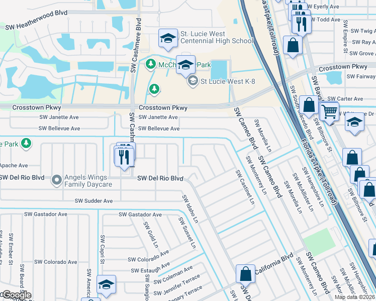 map of restaurants, bars, coffee shops, grocery stores, and more near 1701 Southwest Choate Street in Port St. Lucie