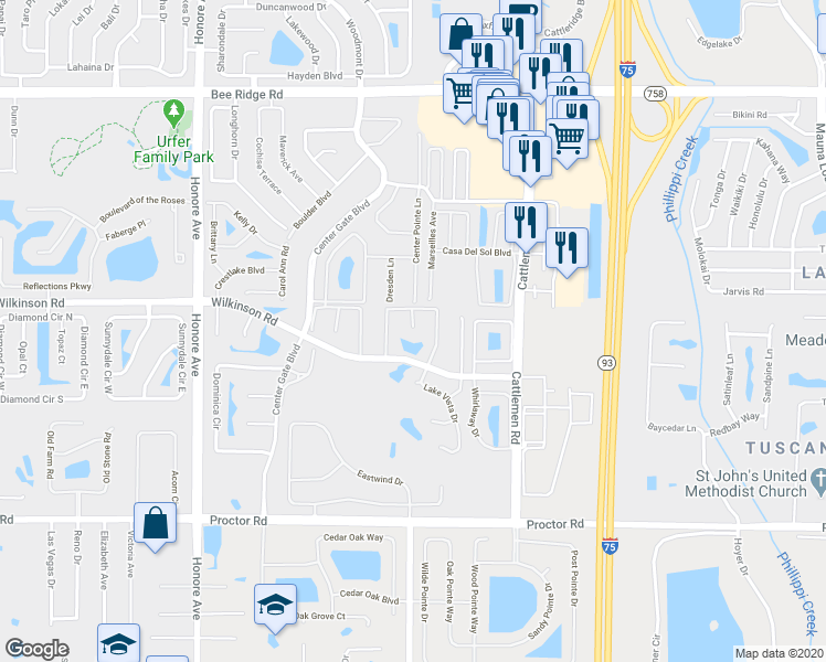 map of restaurants, bars, coffee shops, grocery stores, and more near 4479 Atwood Cay Circle in Sarasota