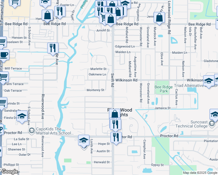 map of restaurants, bars, coffee shops, grocery stores, and more near 4444 Swift Road in Sarasota