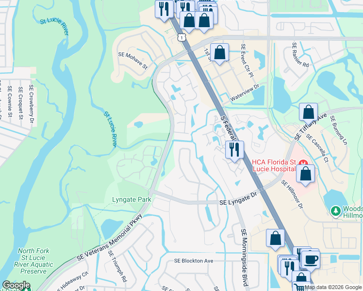 map of restaurants, bars, coffee shops, grocery stores, and more near 1590 Southeast Dewberry Court in Port St. Lucie