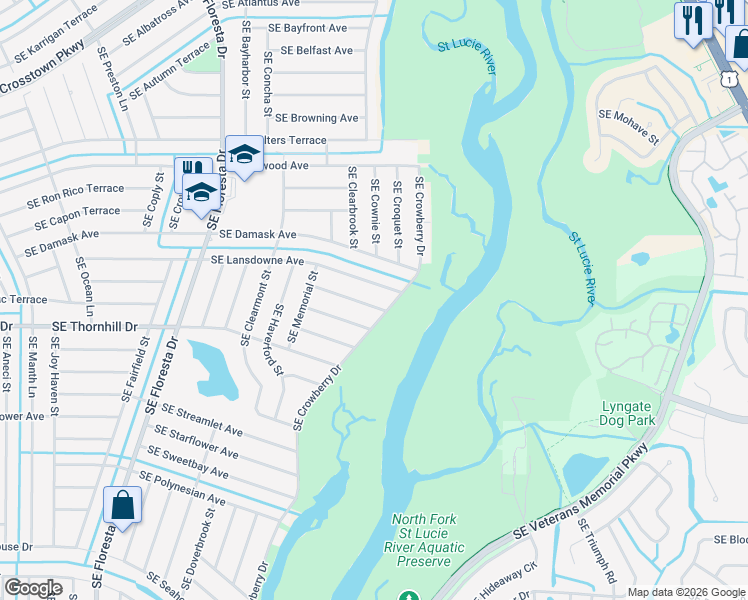 map of restaurants, bars, coffee shops, grocery stores, and more near 1050 Southeast Lansdowne Avenue in Port St. Lucie