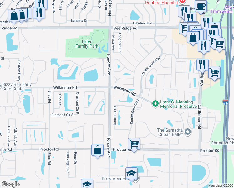 map of restaurants, bars, coffee shops, grocery stores, and more near 4424 Eleuthera Court in Sarasota