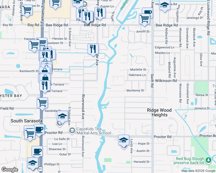map of restaurants, bars, coffee shops, grocery stores, and more near 4470 Lords Drive in Sarasota