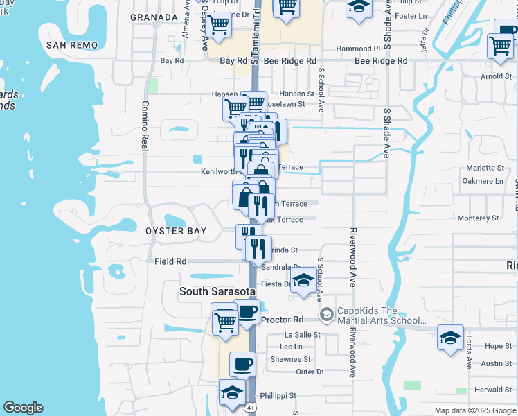 map of restaurants, bars, coffee shops, grocery stores, and more near 2016 Palm Terrace in Sarasota