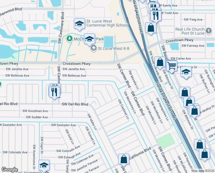 map of restaurants, bars, coffee shops, grocery stores, and more near 1711 Southwest Gloria Lane in Port St. Lucie