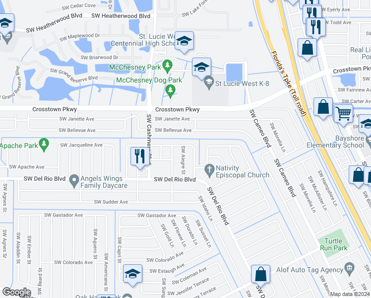 map of restaurants, bars, coffee shops, grocery stores, and more near 1022 Southwest Jacqueline Avenue in Port St. Lucie