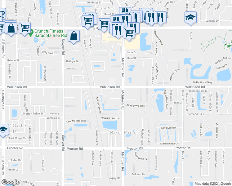 map of restaurants, bars, coffee shops, grocery stores, and more near 4316 Wilkinson Road in Sarasota