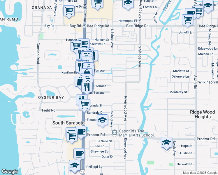 map of restaurants, bars, coffee shops, grocery stores, and more near 2142 Palm Terrace in Sarasota