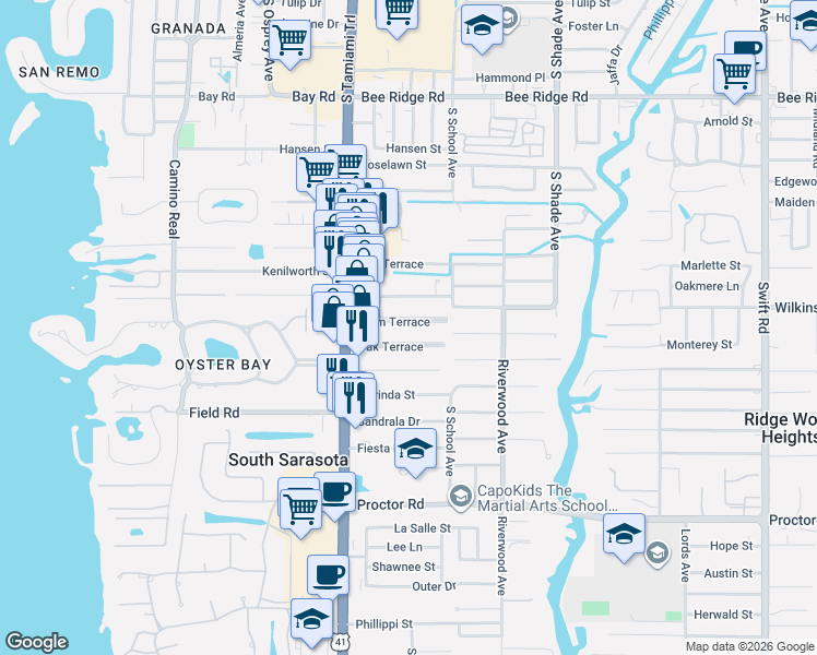 map of restaurants, bars, coffee shops, grocery stores, and more near 2048A Palm Terrace in Sarasota