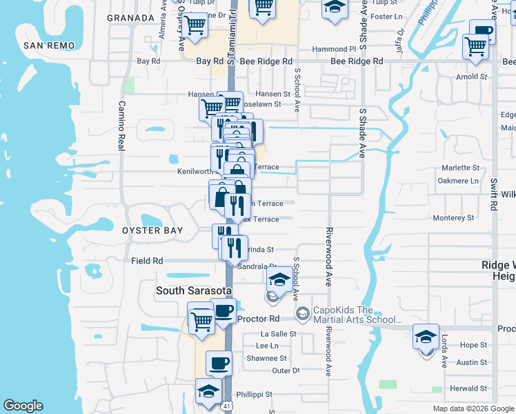 map of restaurants, bars, coffee shops, grocery stores, and more near 2048A Palm Terrace in Sarasota