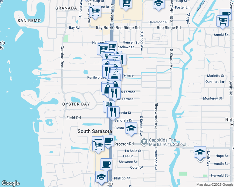 map of restaurants, bars, coffee shops, grocery stores, and more near 2016 Palm Terrace in Sarasota