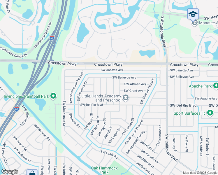 map of restaurants, bars, coffee shops, grocery stores, and more near 1734 Southwest Erie Street in Port St. Lucie