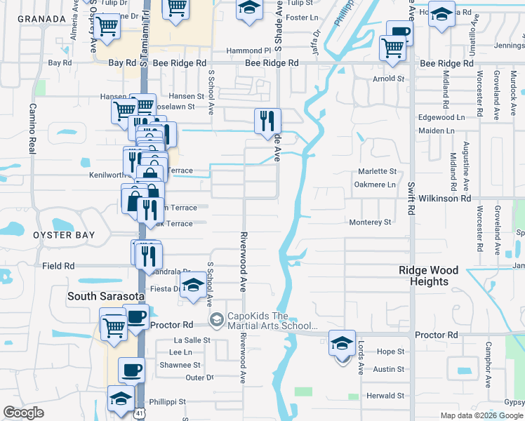 map of restaurants, bars, coffee shops, grocery stores, and more near 2319 Oak Terrace in Sarasota