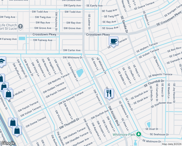 map of restaurants, bars, coffee shops, grocery stores, and more near 1661 Southwest Taurus Lane in Port St. Lucie