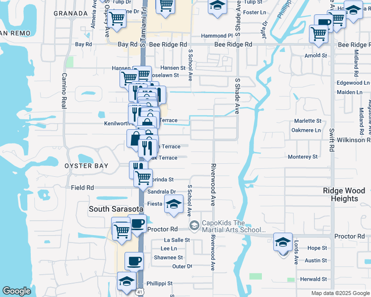 map of restaurants, bars, coffee shops, grocery stores, and more near 2142 Palm Terrace in Sarasota