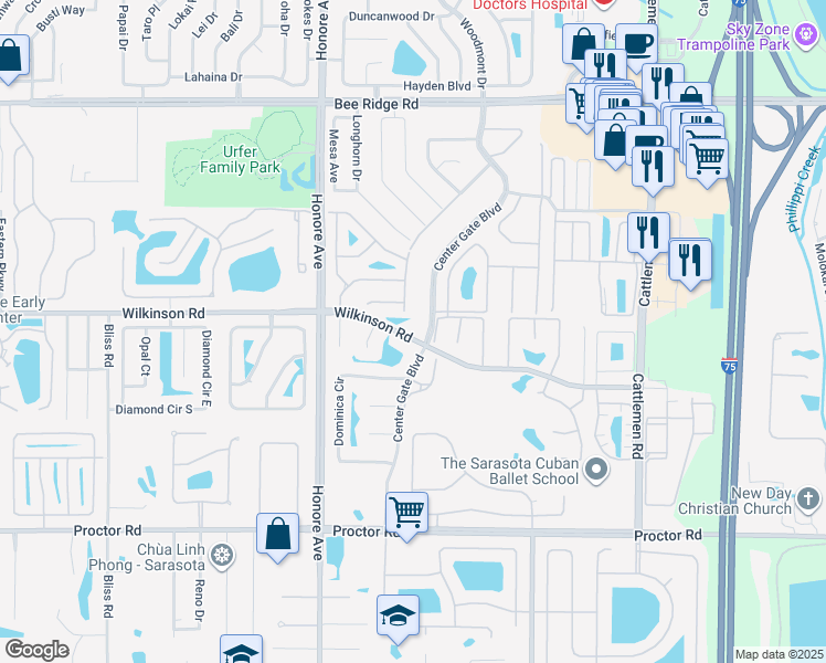 map of restaurants, bars, coffee shops, grocery stores, and more near 5465 Wilkinson Road in Sarasota