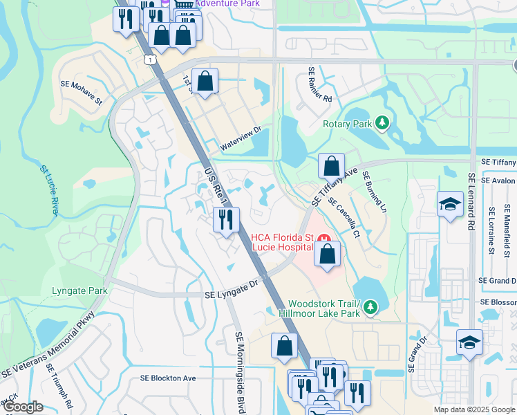 map of restaurants, bars, coffee shops, grocery stores, and more near 1533 Southeast Royal Green Circle in Port St. Lucie
