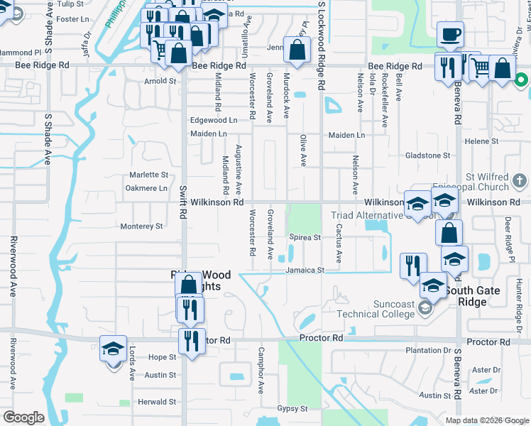 map of restaurants, bars, coffee shops, grocery stores, and more near 4416 Groveland Avenue in Sarasota