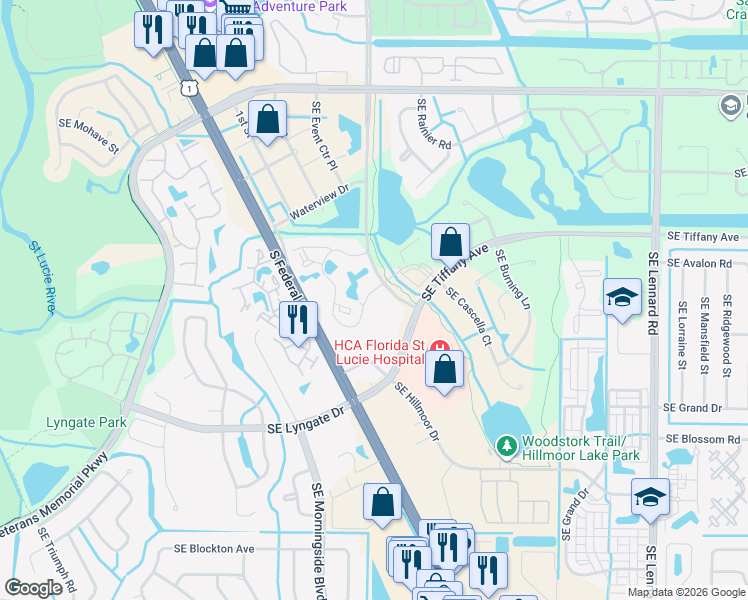 map of restaurants, bars, coffee shops, grocery stores, and more near 1564 Southeast Royal Green Circle in Port St. Lucie