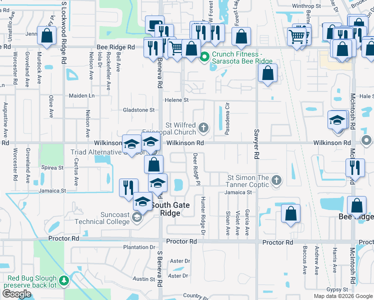 map of restaurants, bars, coffee shops, grocery stores, and more near 4409 Maceachen Boulevard in Sarasota